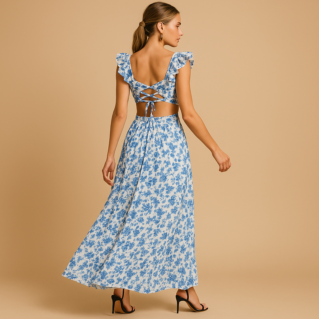 Women’s floral maxi dress with ruffles, deep V-neckline, waist cut-out, and high slit – perfect for summer weddings, parties, and evening events.