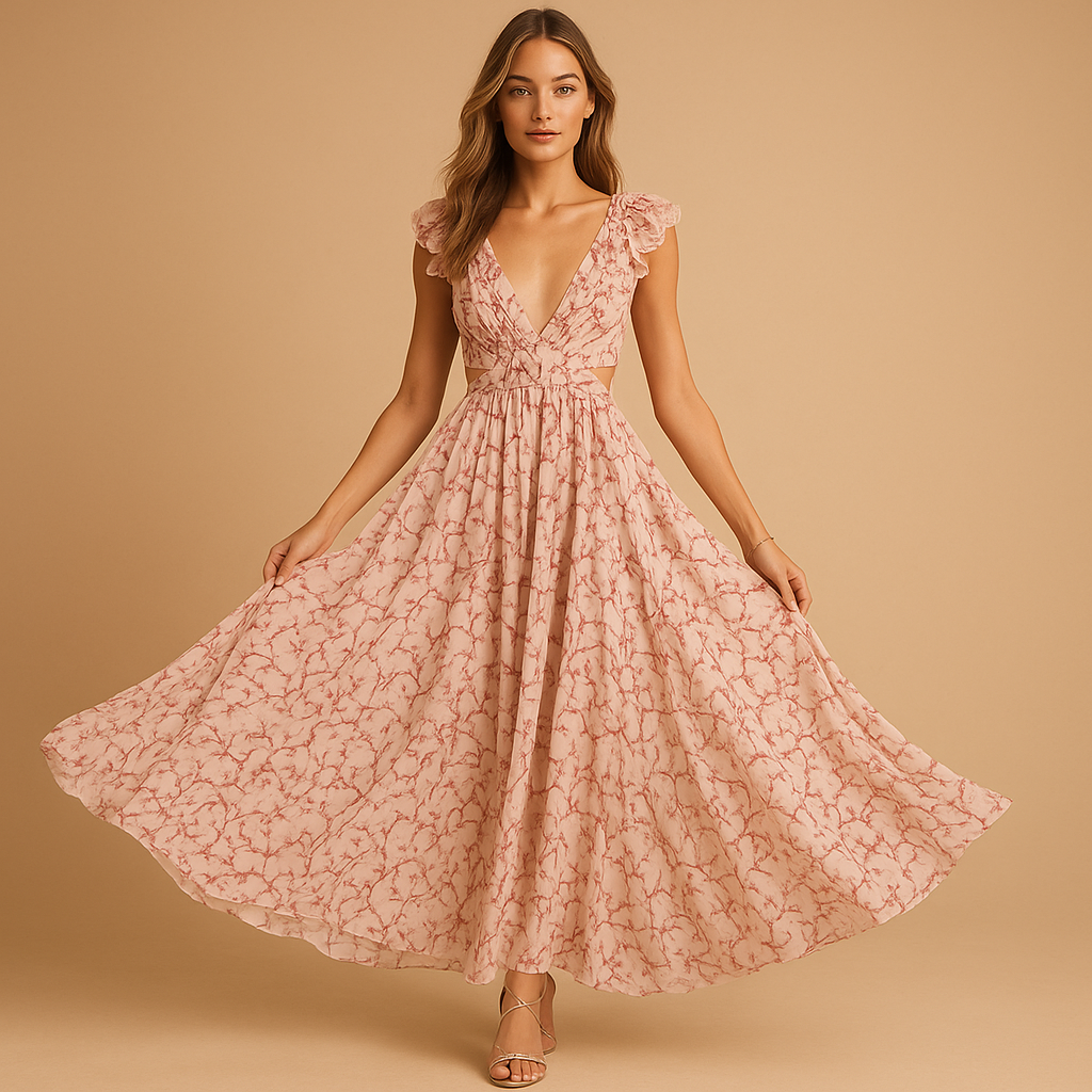 Women’s floral maxi dress with ruffles, deep V-neckline, waist cut-out, and high slit – perfect for summer weddings, parties, and evening events.
