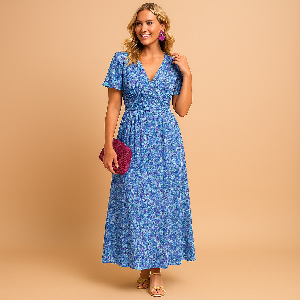 Floral maxi summer dress for women with a flattering V-neckline, loose fit, and multicolored print. Perfect for casual outings or elegant summer evenings.