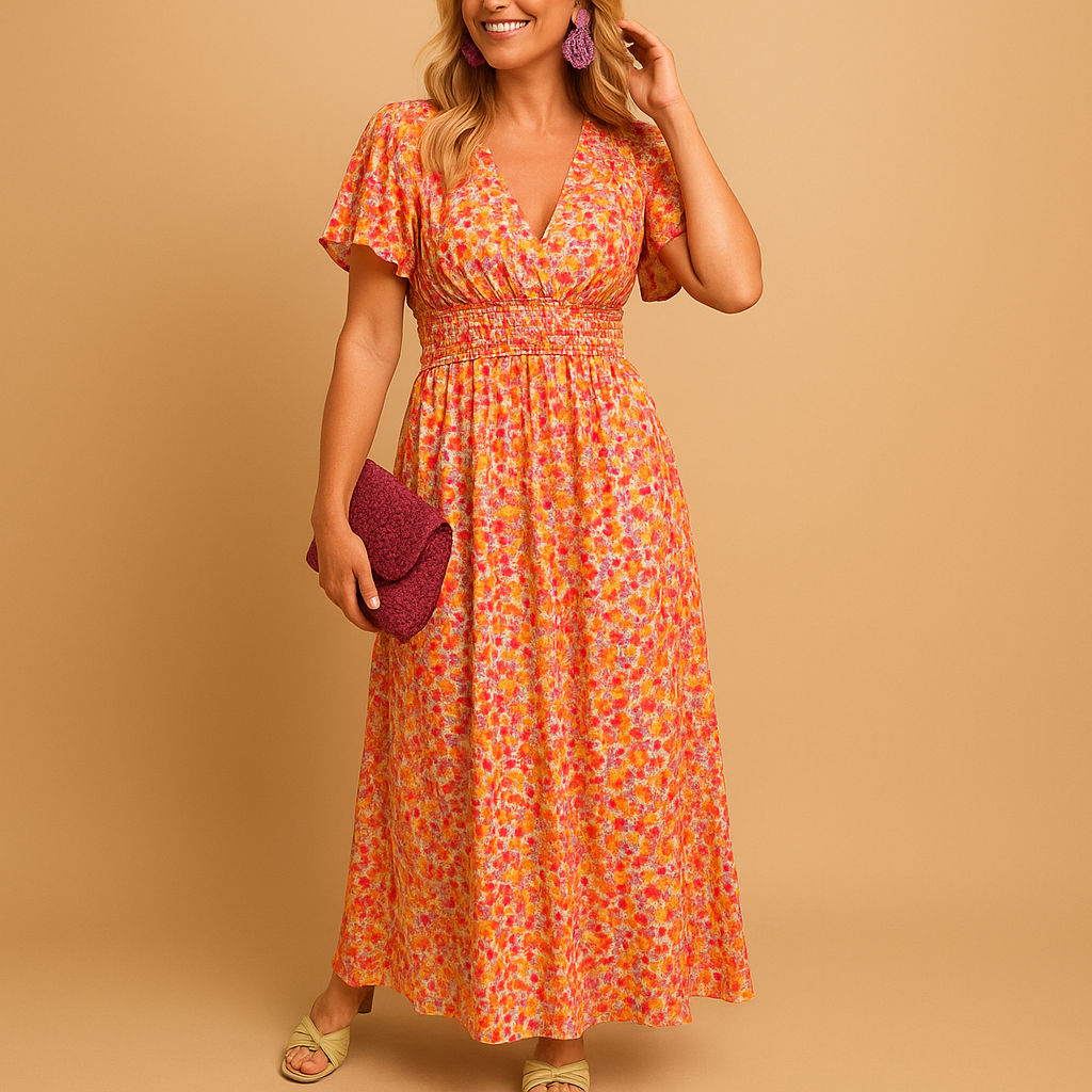 Floral maxi summer dress for women with a flattering V-neckline, loose fit, and multicolored print. Perfect for casual outings or elegant summer evenings.