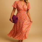 Floral maxi summer dress for women with a flattering V-neckline, loose fit, and multicolored print. Perfect for casual outings or elegant summer evenings.
