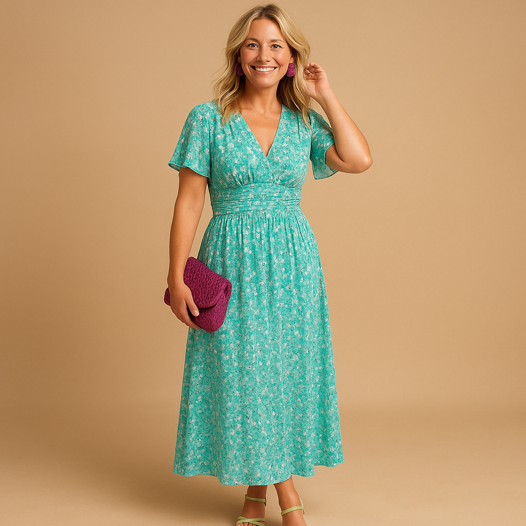 Floral maxi summer dress for women with a flattering V-neckline, loose fit, and multicolored print. Perfect for casual outings or elegant summer evenings.