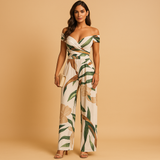 Floral off-shoulder jumpsuit for women | Daisy-Jumpsuits-Darling Fashion-White leaves-S-Darling Fashion