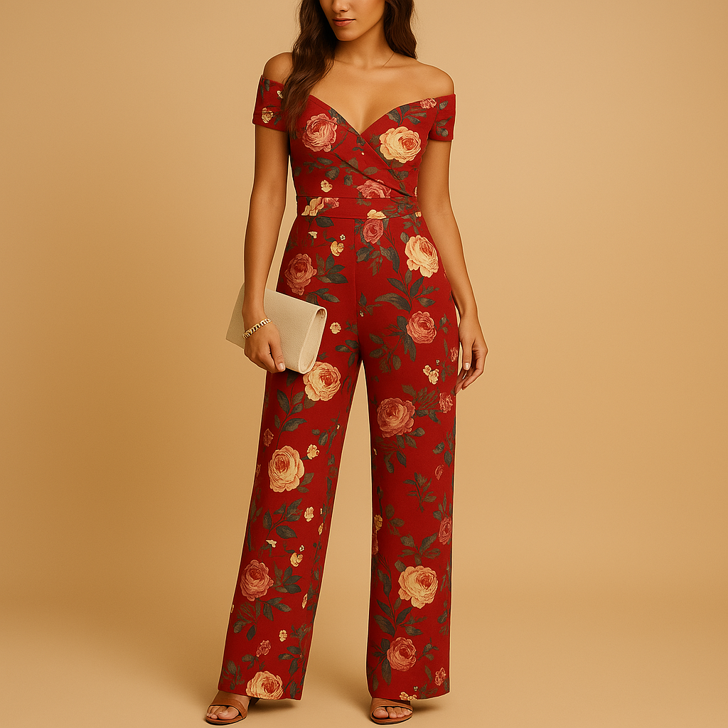 Floral off-shoulder jumpsuit for women | Daisy-Jumpsuits-Darling Fashion-Red-S-Darling Fashion