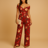 Floral off-shoulder jumpsuit for women | Daisy-Jumpsuits-Darling Fashion-Red-S-Darling Fashion