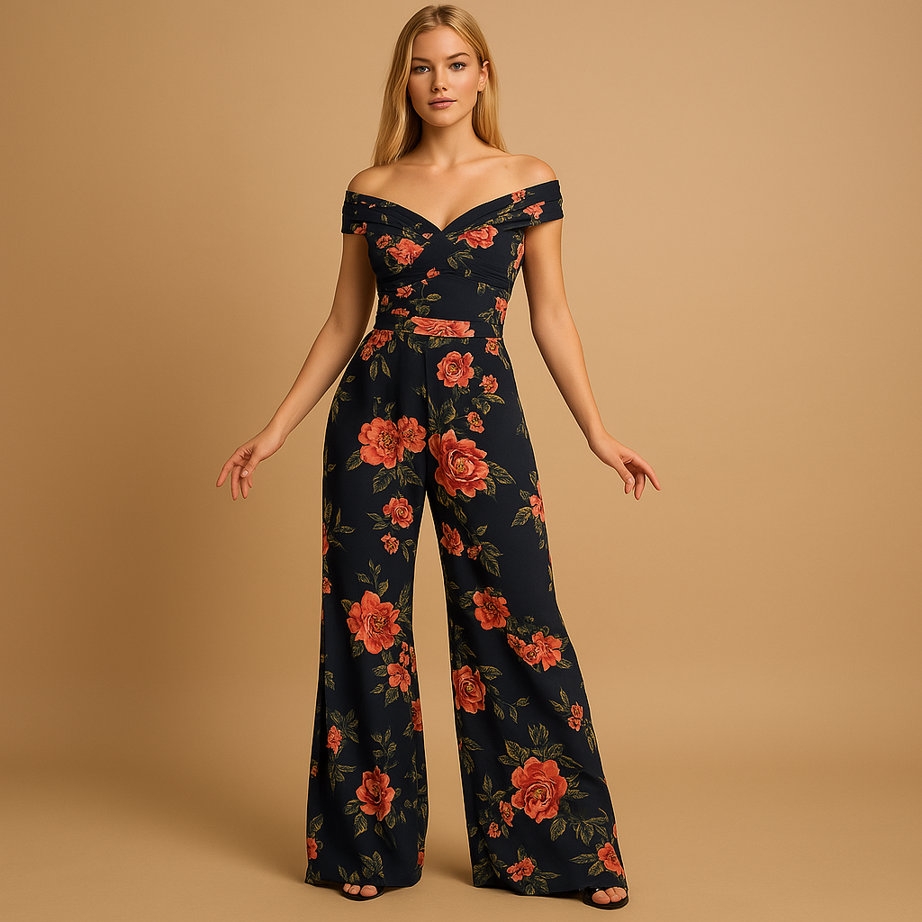 Floral off-shoulder jumpsuit for women | Daisy-Jumpsuits-Darling Fashion-Dark Blue-S-Darling Fashion