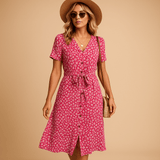 Floral print midi dress with short sleeves for women | Hazel-Dresses-Darling Fashion-Pink-S-Darling Fashion