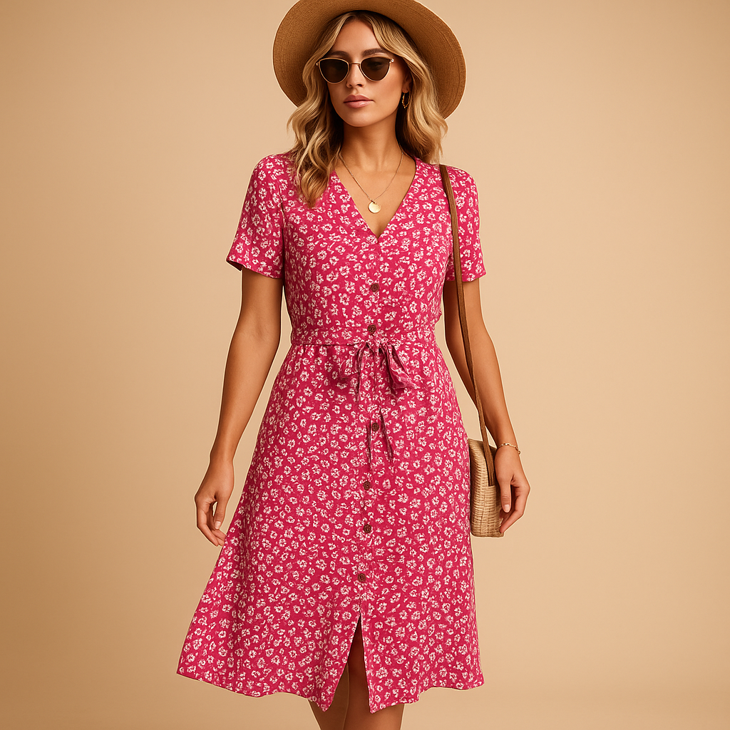 Women’s floral print midi dress with short sleeves, lightweight and breathable, perfect for summer casual outings and parties.