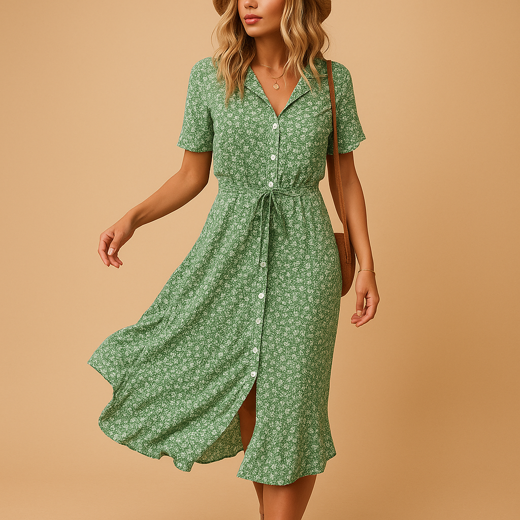 Women’s floral print midi dress with short sleeves, lightweight and breathable, perfect for summer casual outings and parties.