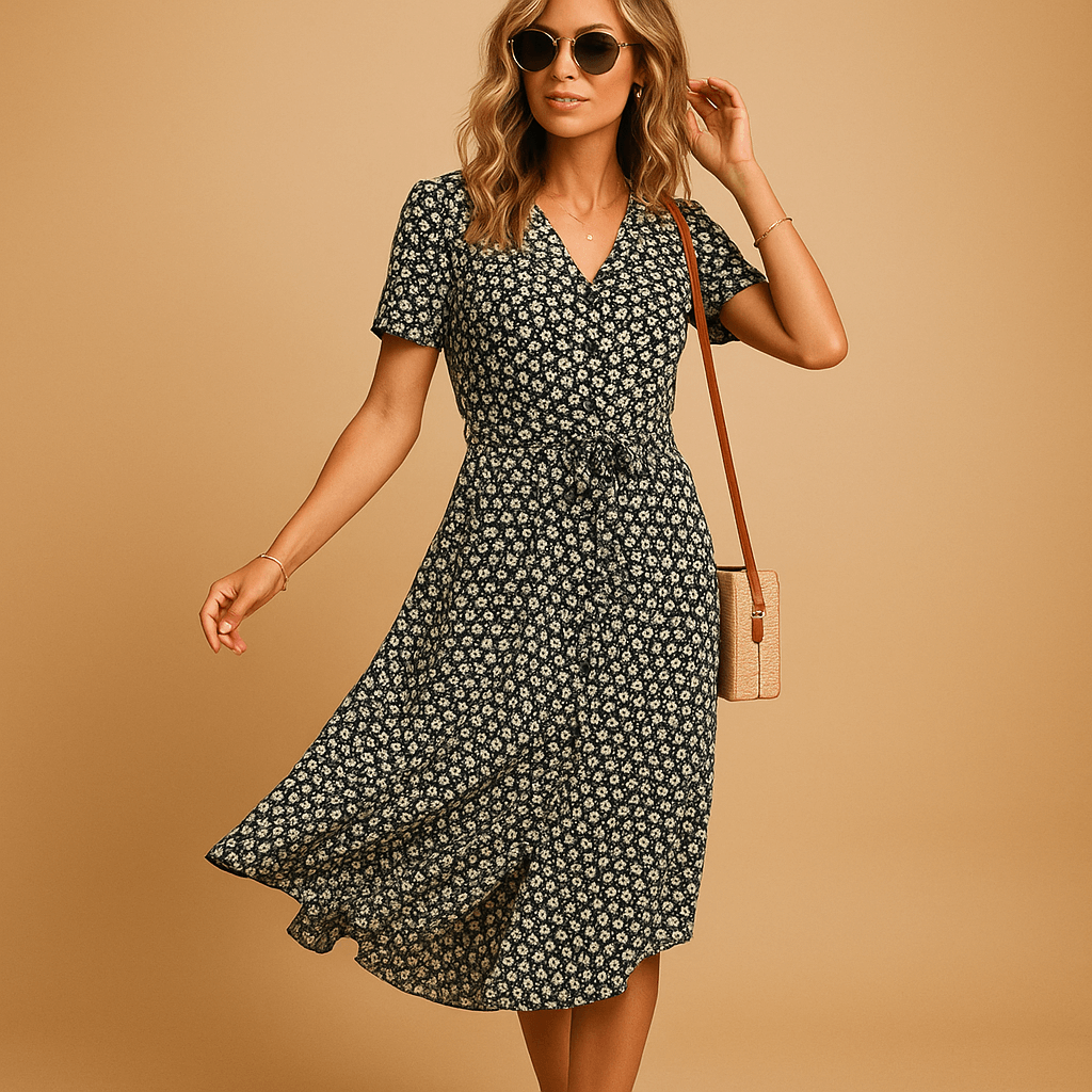 Floral print midi dress with short sleeves for women | Hazel-Dresses-Darling Fashion-Black-S-Darling Fashion