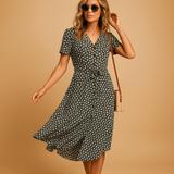 Floral print midi dress with short sleeves for women | Hazel-Dresses-Darling Fashion-Black-S-Darling Fashion