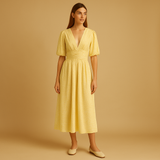 Flowy maxi dress for women with button closure and long sleeves, lightweight and elegant, ideal for work, casual outings, or formal occasions.