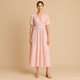 Flowy maxi dress for women with button closure and long sleeves, lightweight and elegant, ideal for work, casual outings, or formal occasions.