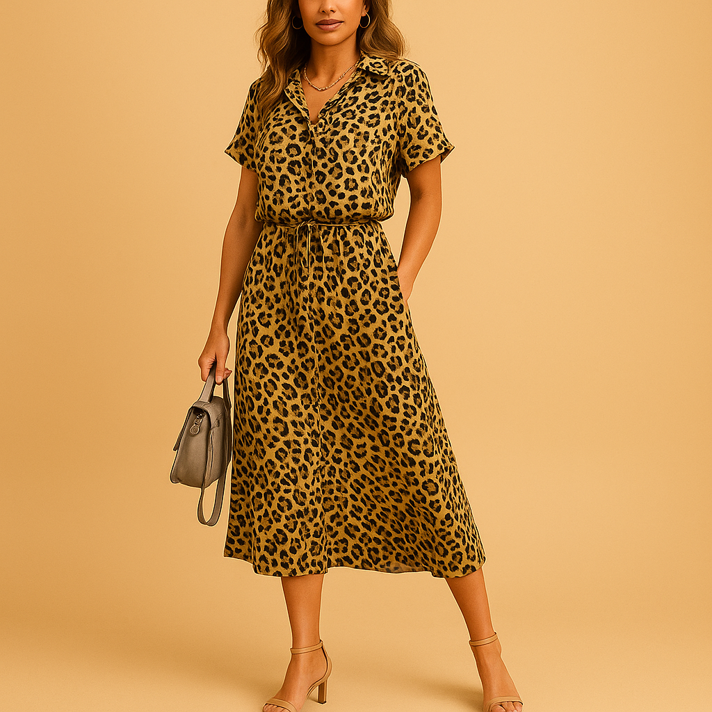 Women’s flowy midi A-line dress with V-neck, button details, and short sleeves. Perfect for summer outings, casual wear, or chic occasions.