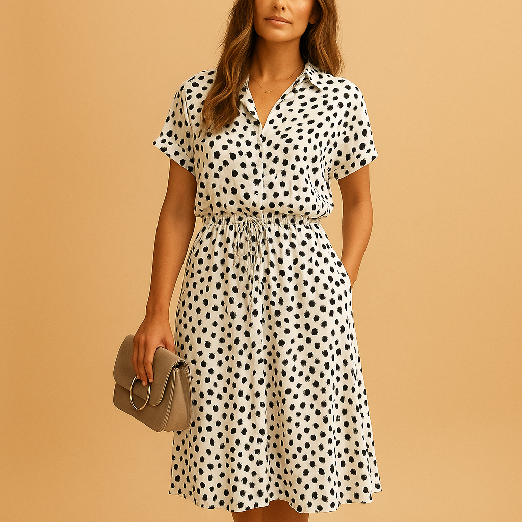 Women’s flowy midi A-line dress with V-neck, button details, and short sleeves. Perfect for summer outings, casual wear, or chic occasions.