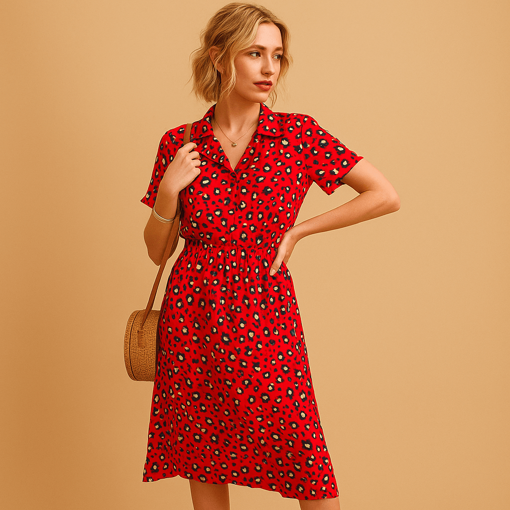 Flowy midi A-line dress with V-neck for women | Sophia-Dresses-Darling Fashion-Red-S-Darling Fashion