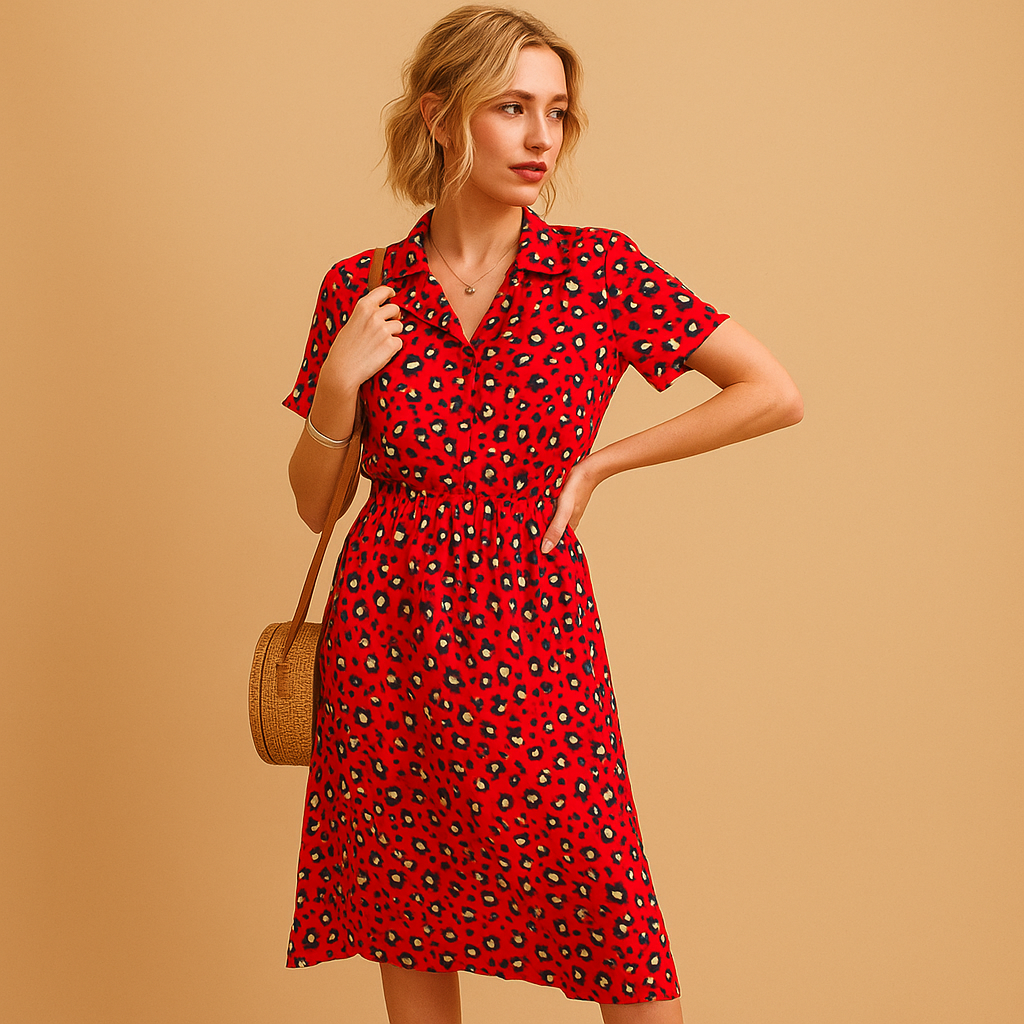 Women’s flowy midi A-line dress with V-neck, button details, and short sleeves. Perfect for summer outings, casual wear, or chic occasions.