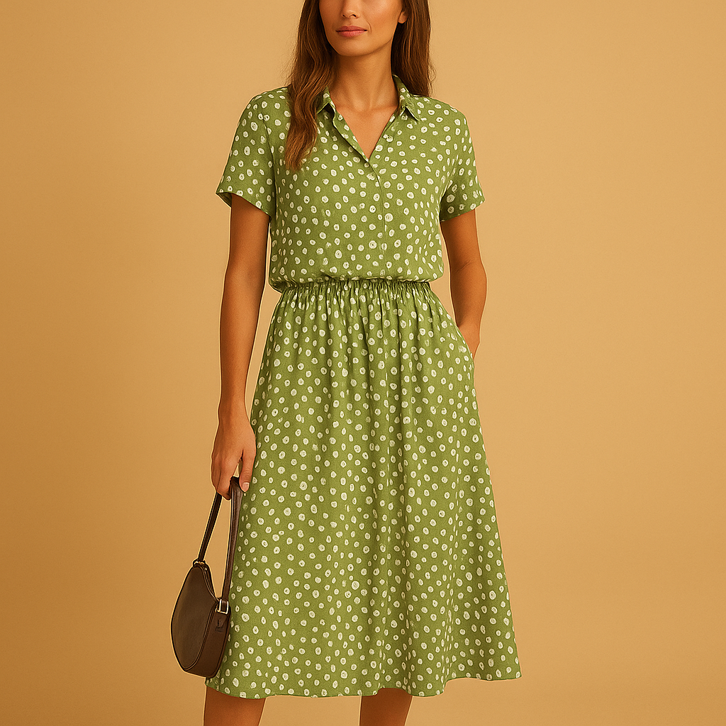 Women’s flowy midi A-line dress with V-neck, button details, and short sleeves. Perfect for summer outings, casual wear, or chic occasions.