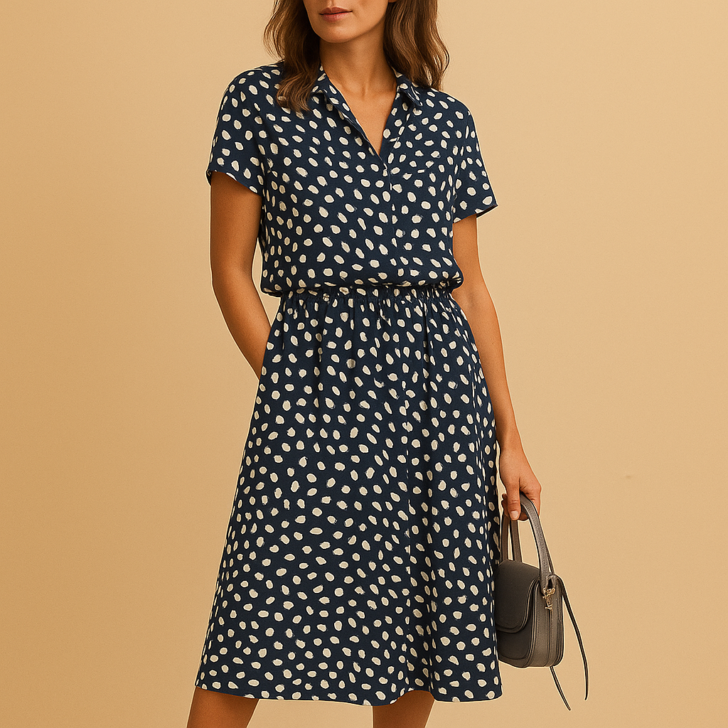 Women’s flowy midi A-line dress with V-neck, button details, and short sleeves. Perfect for summer outings, casual wear, or chic occasions.