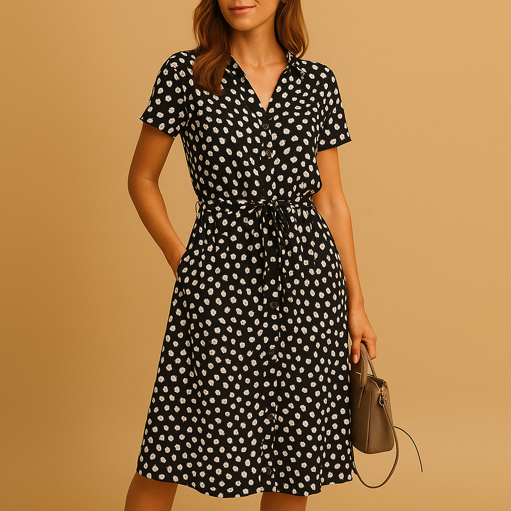 Women’s flowy midi A-line dress with V-neck, button details, and short sleeves. Perfect for summer outings, casual wear, or chic occasions.