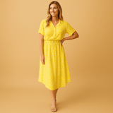 Flowy midi A-line dress with V-neck for women | Sophia-Dresses-Darling Fashion-Yellow-S-Darling Fashion