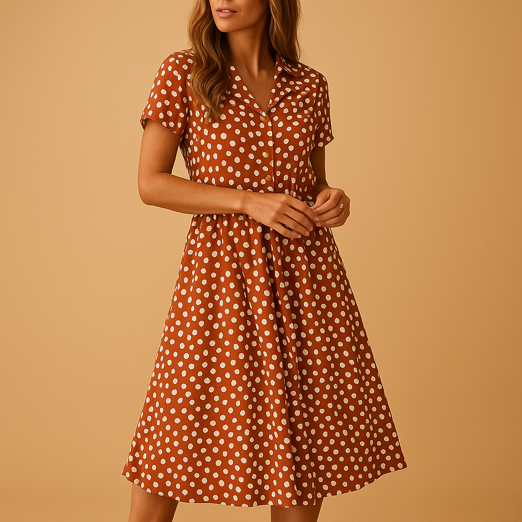 Women’s flowy midi A-line dress with V-neck, button details, and short sleeves. Perfect for summer outings, casual wear, or chic occasions.