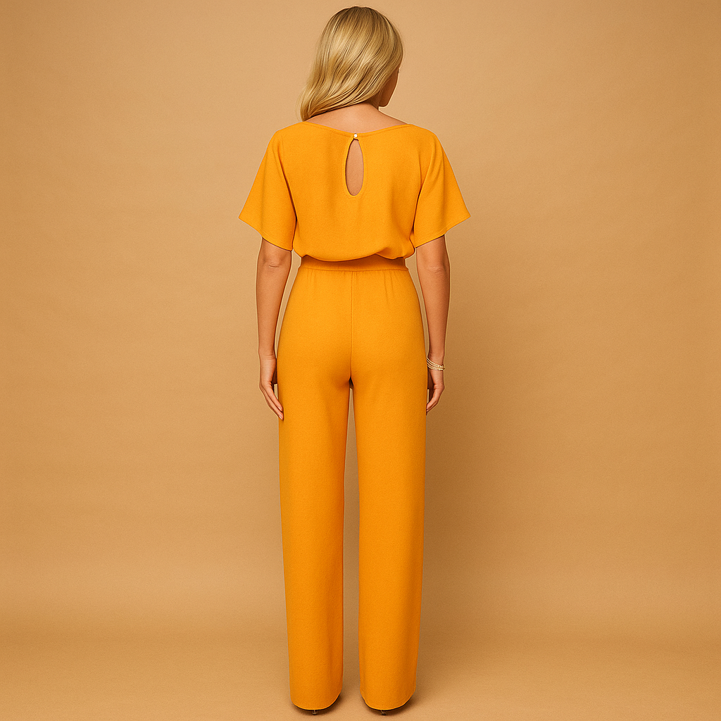 Women’s high-waist jumpsuit with lace-up waist detail, soft draping fabric, and flattering fit. Perfect for work, casual chic looks, or evenings out.