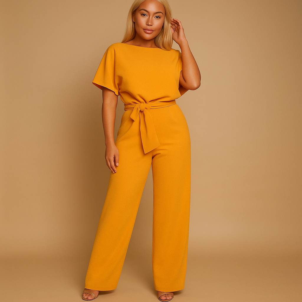 Women’s high-waist jumpsuit with lace-up waist detail, soft draping fabric, and flattering fit. Perfect for work, casual chic looks, or evenings out.