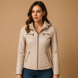 Hooded PU jacket for women | Clara-Jackets-Darling Fashion-Beige-S-Darling Fashion
