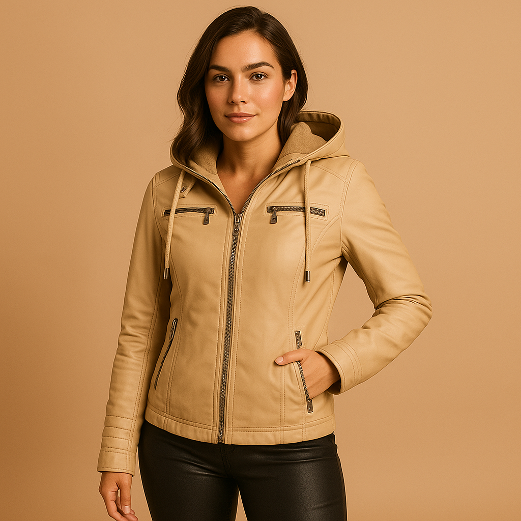 Hooded PU jacket for women | Clara-Jackets-Darling Fashion-Apricot-S-Darling Fashion