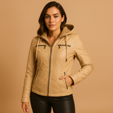 Hooded PU jacket for women | Clara-Jackets-Darling Fashion-Apricot-S-Darling Fashion
