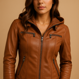 Hooded PU jacket for women | Clara-Jackets-Darling Fashion-Camel-S-Darling Fashion