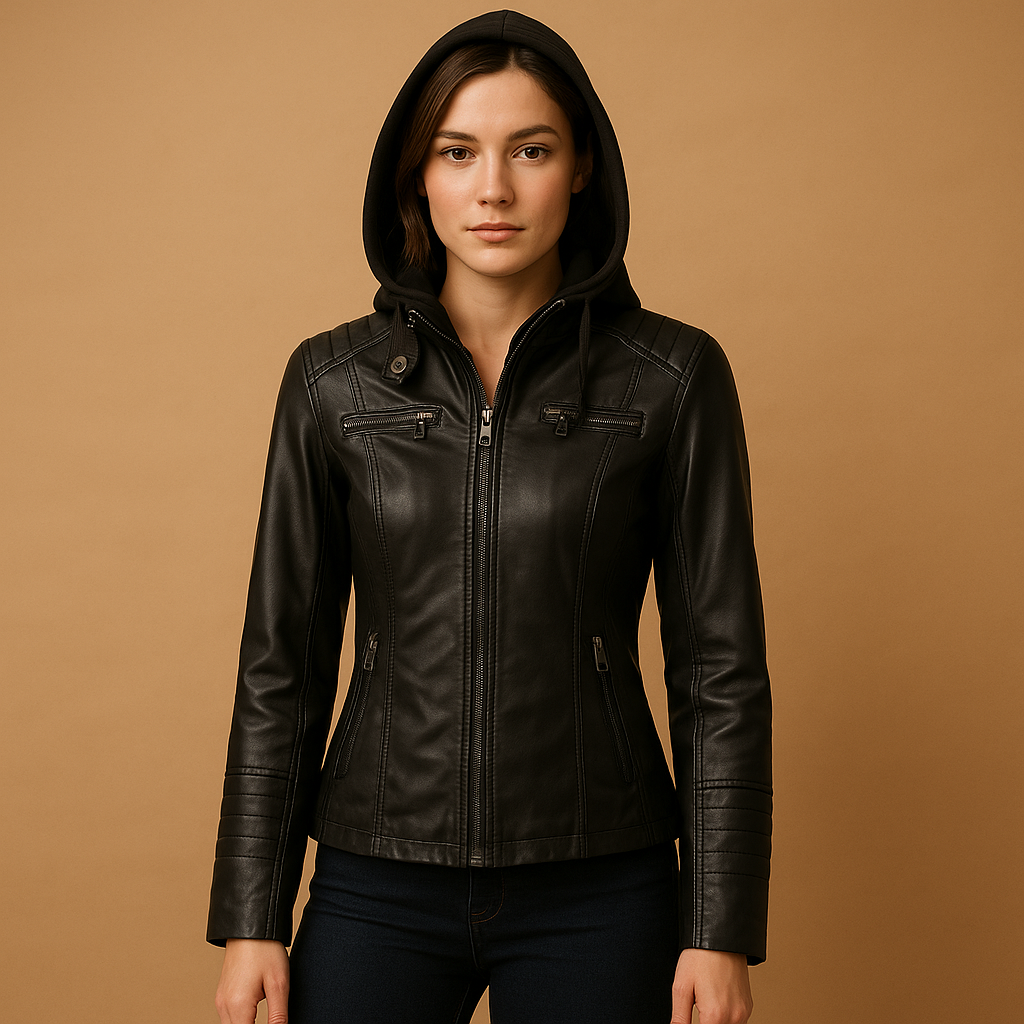 Hooded PU jacket for women | Clara-Jackets-Darling Fashion-Black-S-Darling Fashion