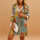 Women’s knee-length summer dress with short sleeves in blue, green, grey, and pink. Lightweight and breathable, perfect for casual days or summer parties.