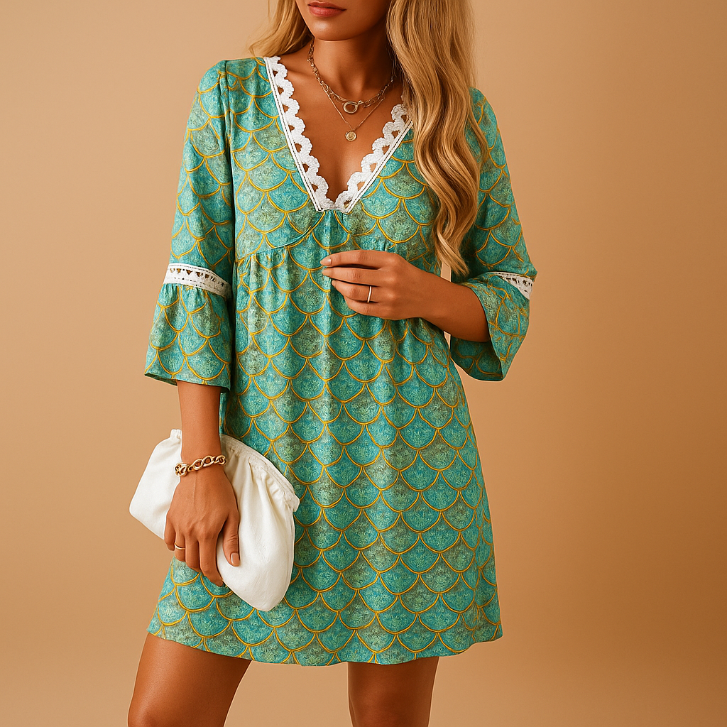 Women’s knee-length summer dress with short sleeves in blue, green, grey, and pink. Lightweight and breathable, perfect for casual days or summer parties.