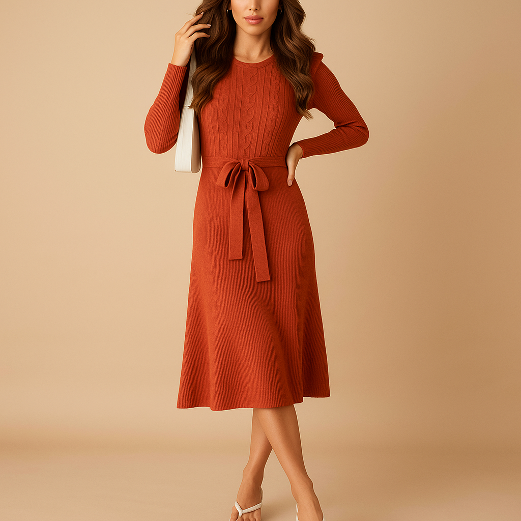 Women’s knitted autumn dress with long sleeves, round neck, and belt in beige, black, grey, red, and green – ideal for casual or office wear.