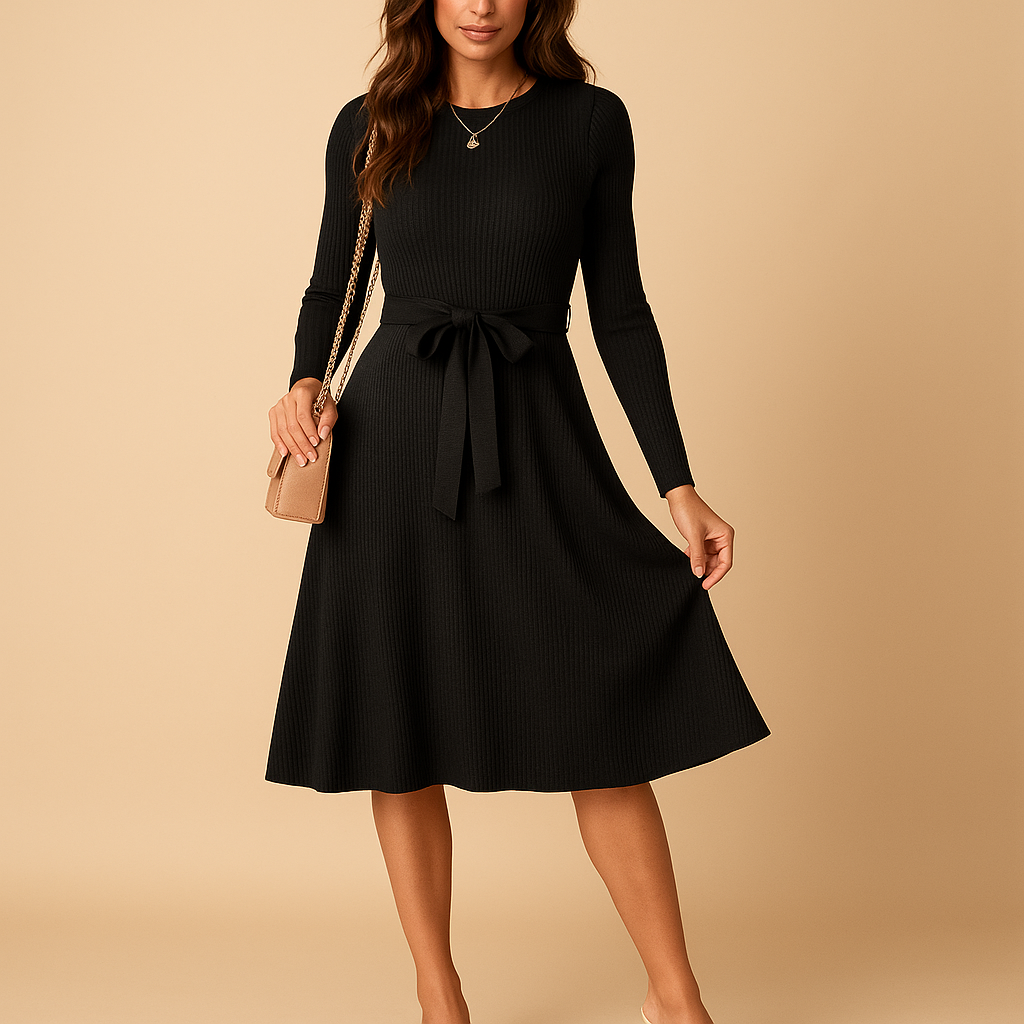 Women’s knitted autumn dress with long sleeves, round neck, and belt in beige, black, grey, red, and green – ideal for casual or office wear.