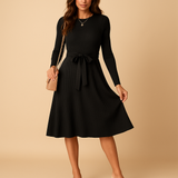 Women’s knitted autumn dress with long sleeves, round neck, and belt in beige, black, grey, red, and green – ideal for casual or office wear.