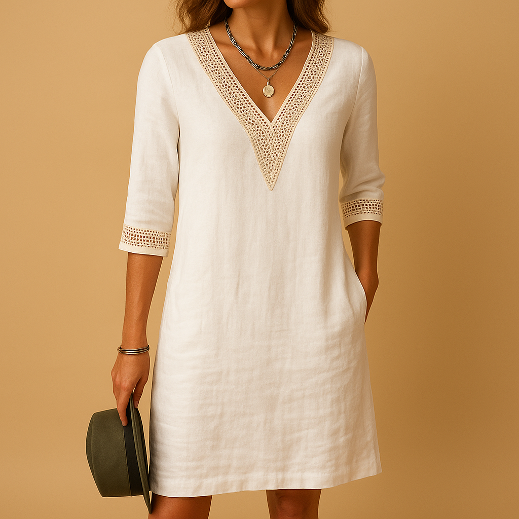 Lace summer dress for women with feminine V-neckline, three-quarter sleeves, and relaxed fit. Perfect for beach outings, casual summer days, and city strolls.