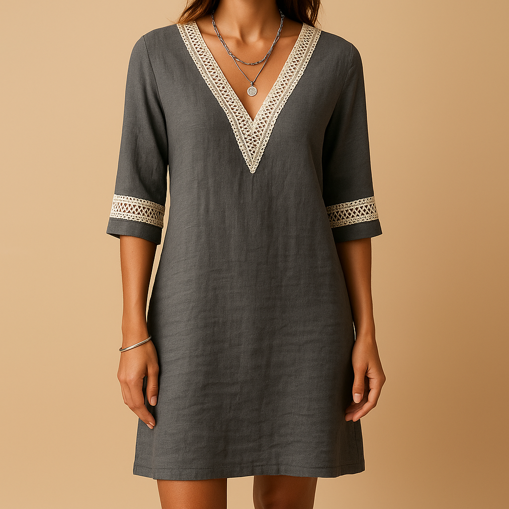 Lace summer dress for women with feminine V-neckline, three-quarter sleeves, and relaxed fit. Perfect for beach outings, casual summer days, and city strolls.