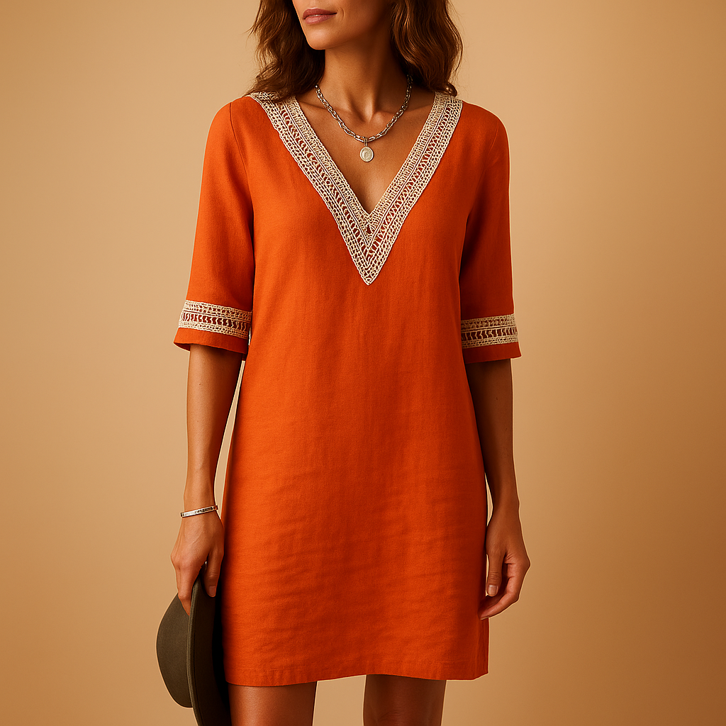 Lace summer dress for women with feminine V-neckline, three-quarter sleeves, and relaxed fit. Perfect for beach outings, casual summer days, and city strolls.