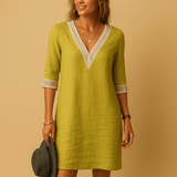 Lace summer dress with V-neck for women | Hannah-Dresses-Darling Fashion-Yellow-S-Darling Fashion