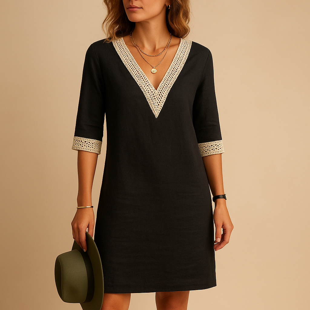 Lace summer dress for women with feminine V-neckline, three-quarter sleeves, and relaxed fit. Perfect for beach outings, casual summer days, and city strolls.