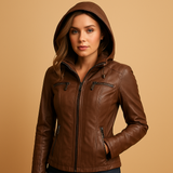 Leather biker jacket for women | Serena-Jackets-Darling Fashion-Coffee-S-Darling Fashion