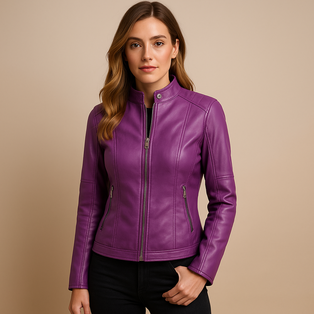 Leather jacket for women with zipper | Eleanor-Jackets-Darling Fashion-Violet-S-Darling Fashion