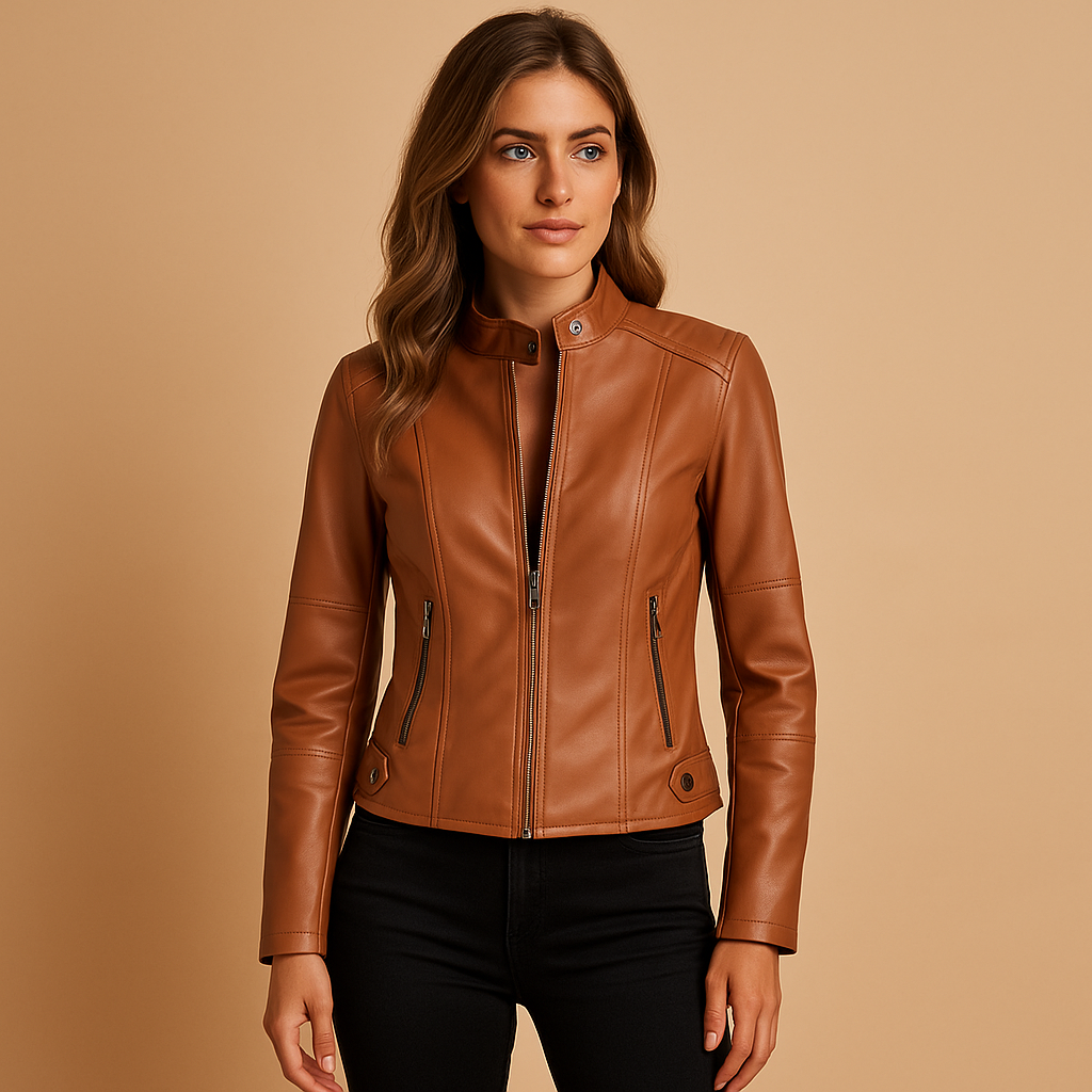 Leather jacket for women with zipper | Eleanor-Jackets-Darling Fashion-Camel-S-Darling Fashion
