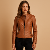 Leather jacket for women with zipper | Eleanor-Jackets-Darling Fashion-Camel-S-Darling Fashion