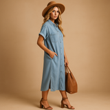 Women’s light blue summer dress with a loose fit and breathable fabric, perfect for beach days, casual wear, and summer occasions.