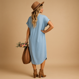 Women’s light blue summer dress with a loose fit and breathable fabric, perfect for beach days, casual wear, and summer occasions.