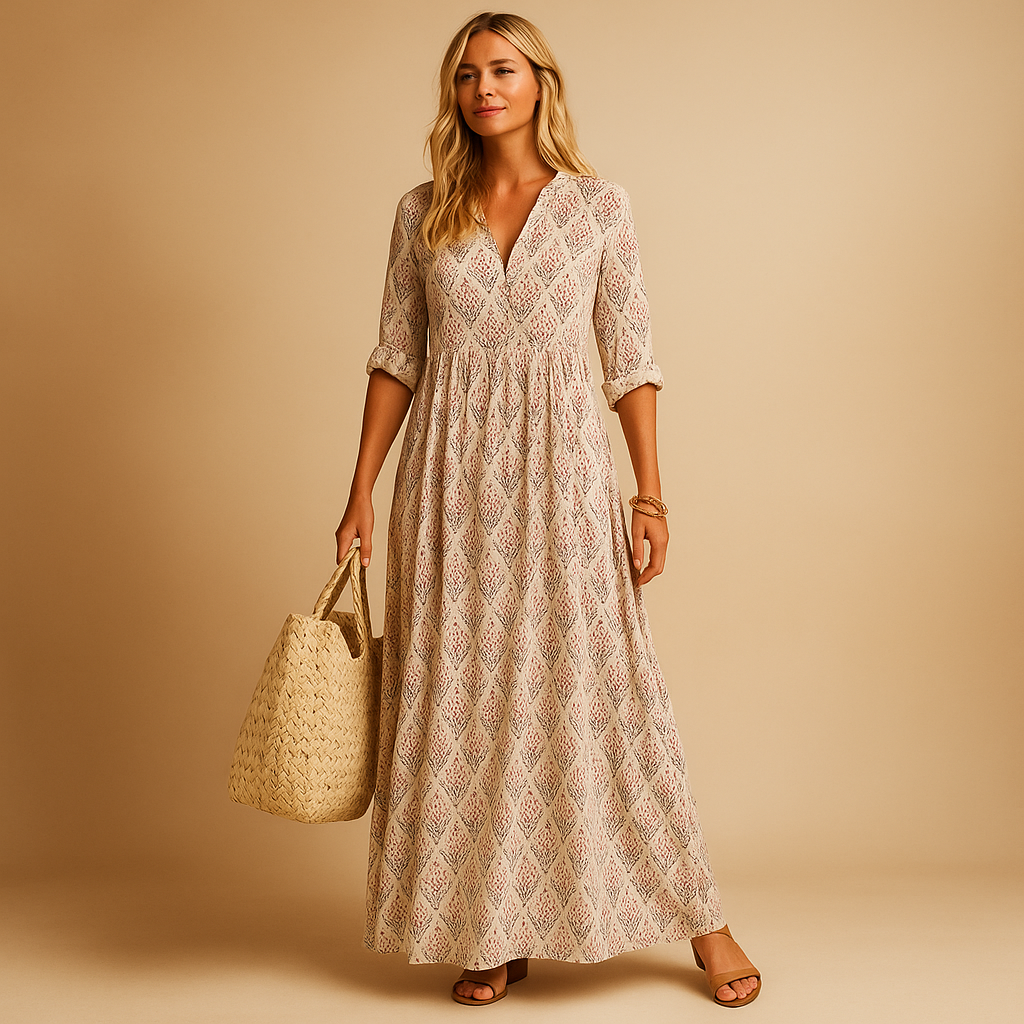 Women’s light summer dress with knee-length cut and airy fabric, perfect for spring and summer occasions from casual brunch to chic evenings.